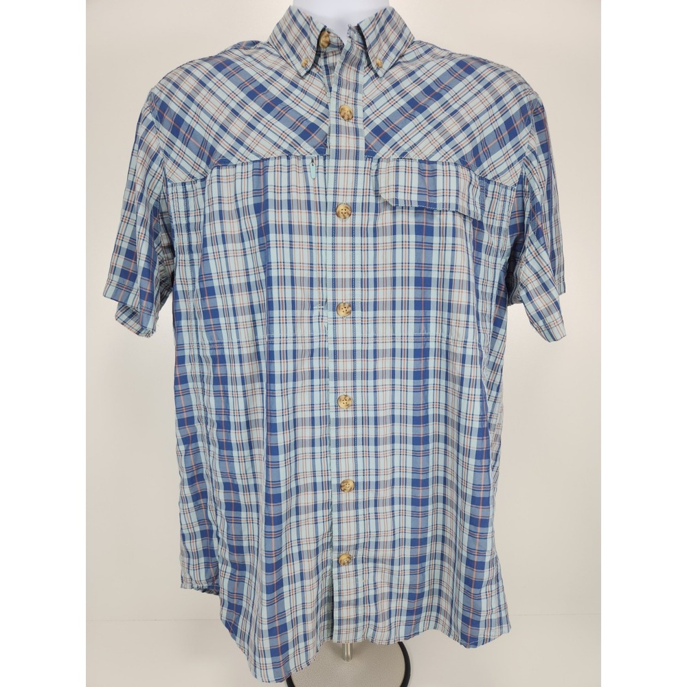 Duluth Trading Co Mens M Button‎ Short Sleeve Blue Plaid Vented Fishing Hiking